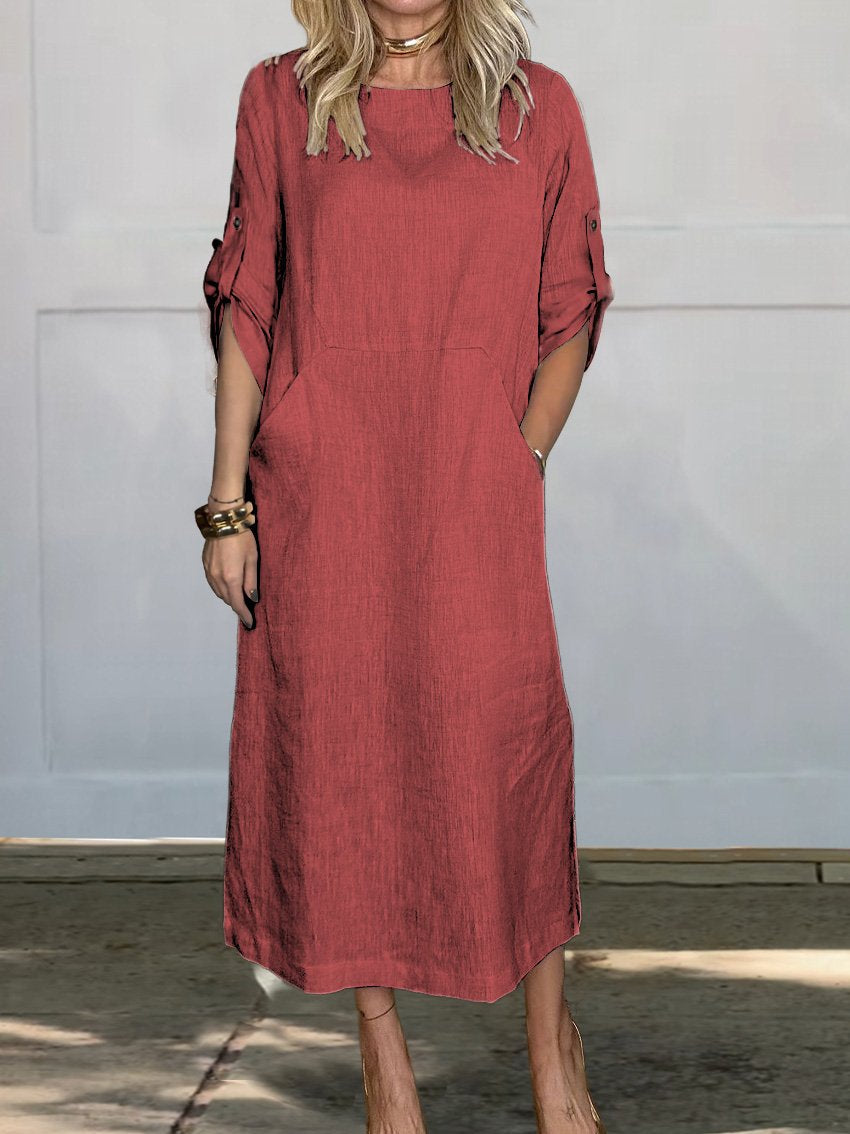 Damska wygodna lniana sukienka z kieszeniami w jednolitym kolorze